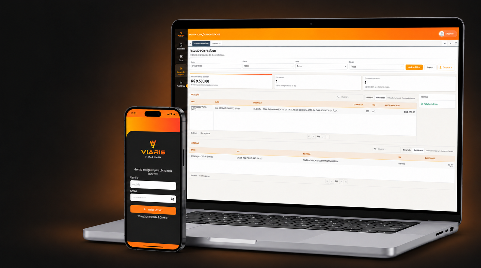 Notebook com o painel Viaris e celular com o aplicativo