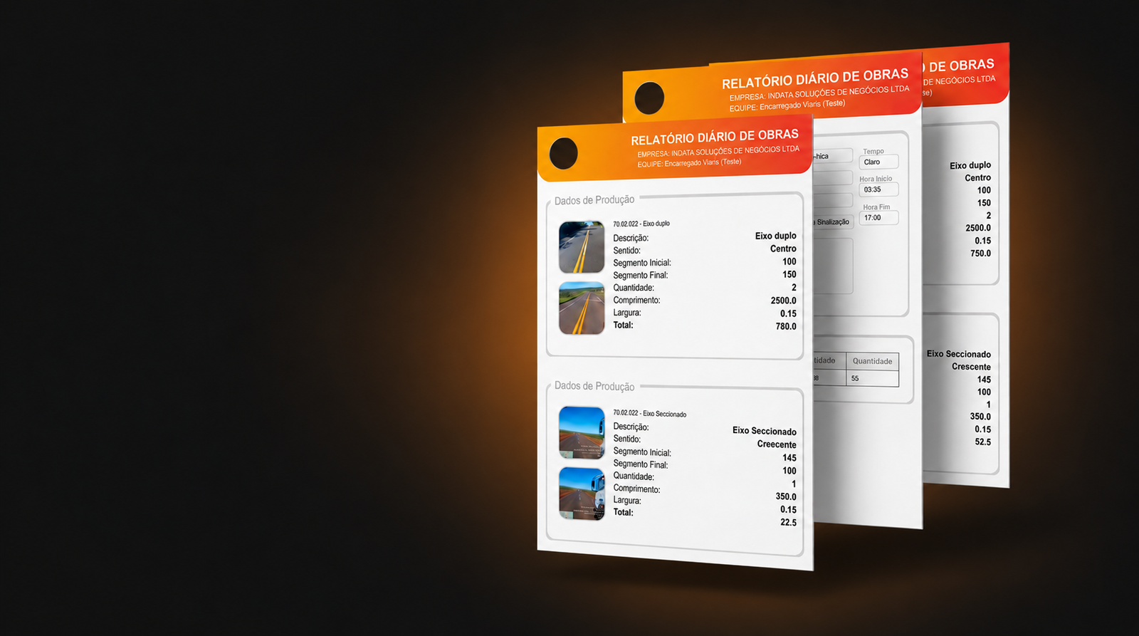 Diários de obra com fotografias e dados de produção